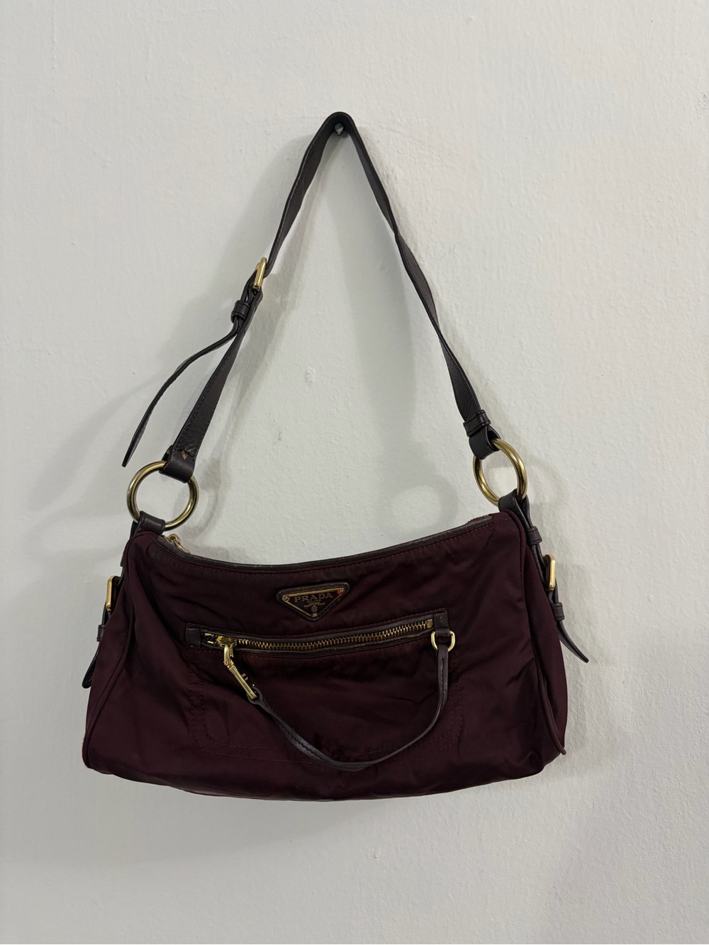 PRADA Vintage Burgundy Nylon Shoulder Bag Gold Hardware Tessuto Leather Hobo
